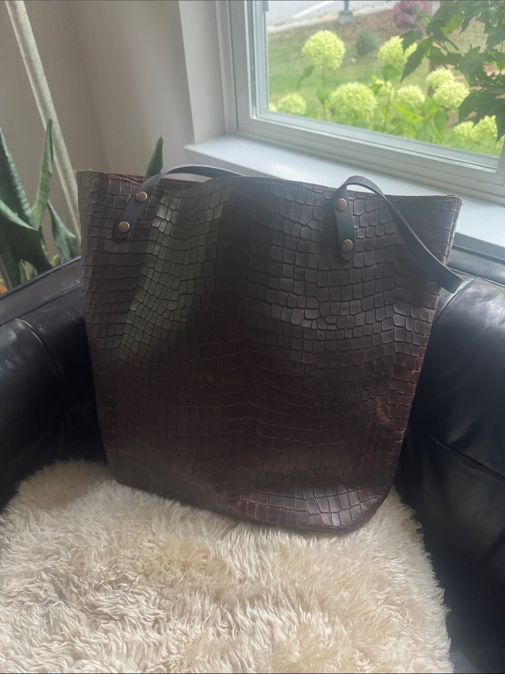 Textured Croc-Embossed Leather Tote Dark Brown